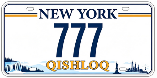 New York license plate with numbers '777' and text 'QISHLOQ'